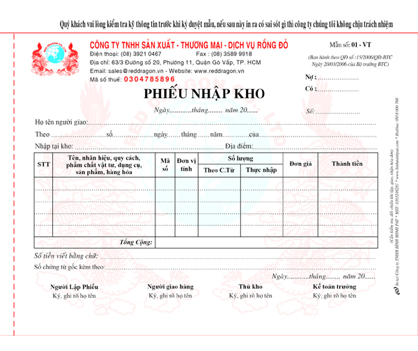 Phiếu nhập kho 01